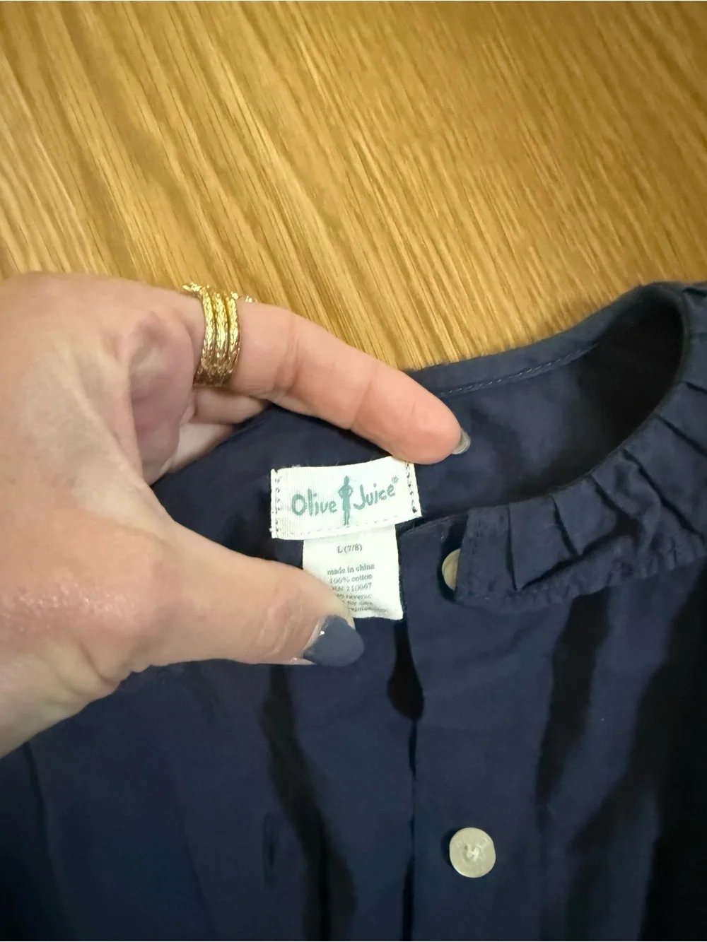 Olive Juice Beand Navy Ruffle Collar Button-Front Blouse